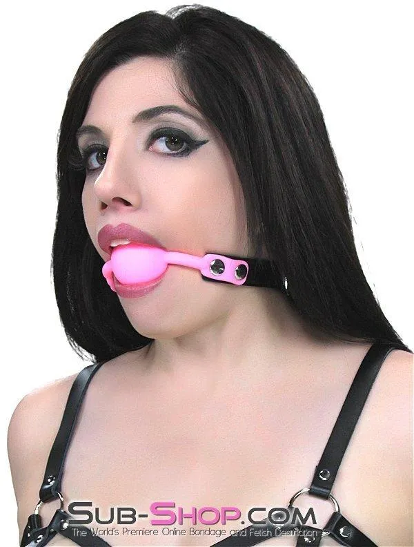 0835M-SIS      Pretty Sissy Boy Bondage Slave Locking Sissy Hypnosis Small Riveted Rubber Ballgag, Pink Ball