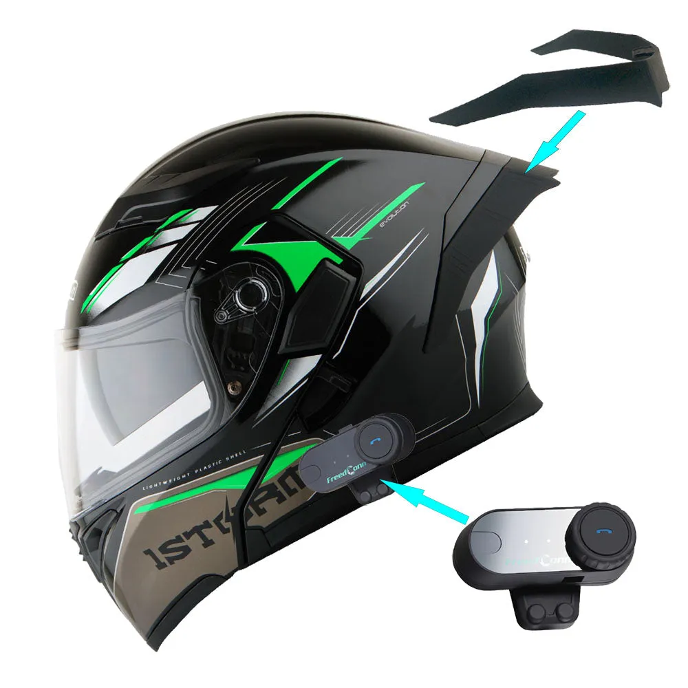 1Storm Motorcycle Modular Full Face Flip up Dual Visor Helmet   Spoiler   Motorcycle Bluetooth Headset: HB89