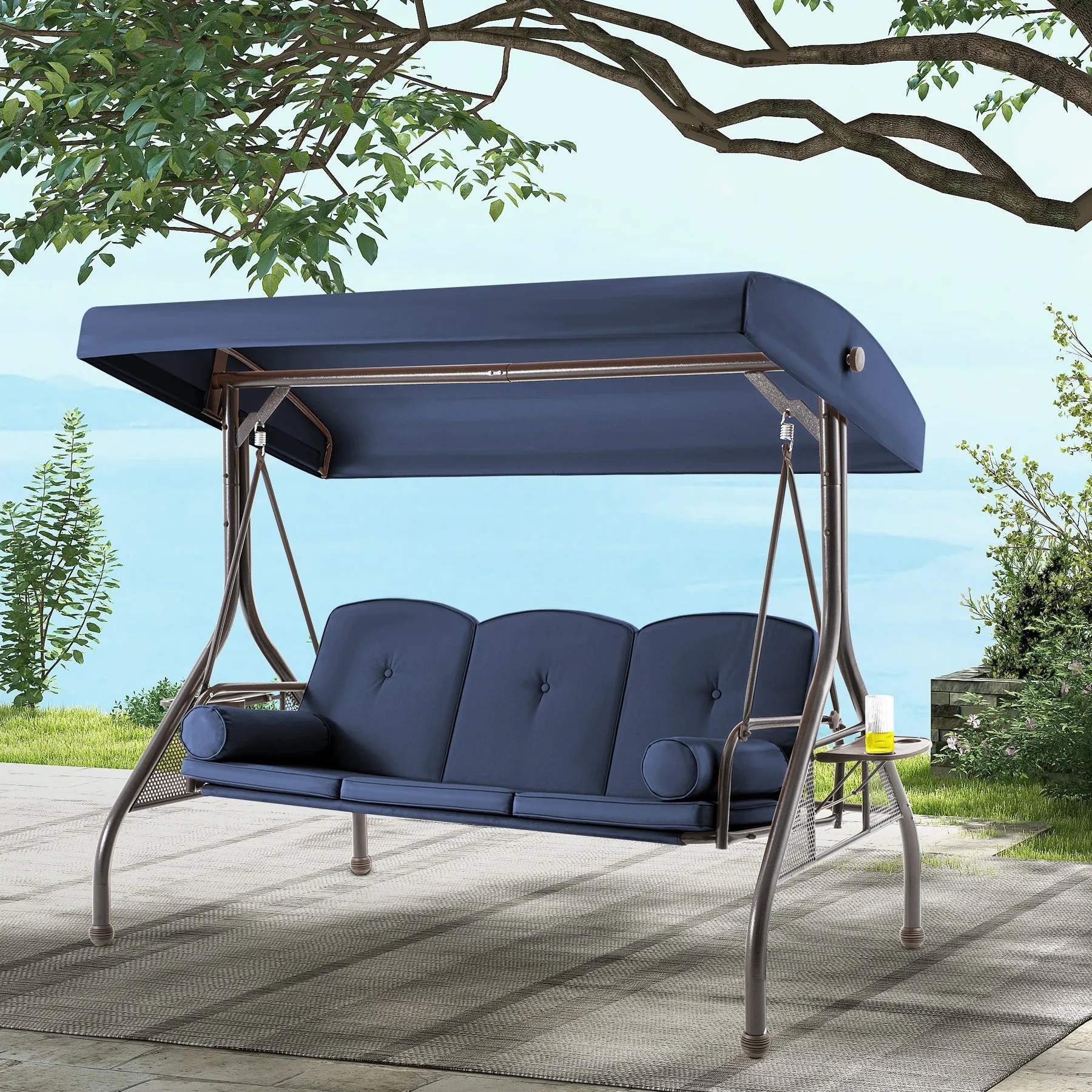 3-Seat Outdoor Porch Swing with Adjustable Canopy and Backrest,Blue