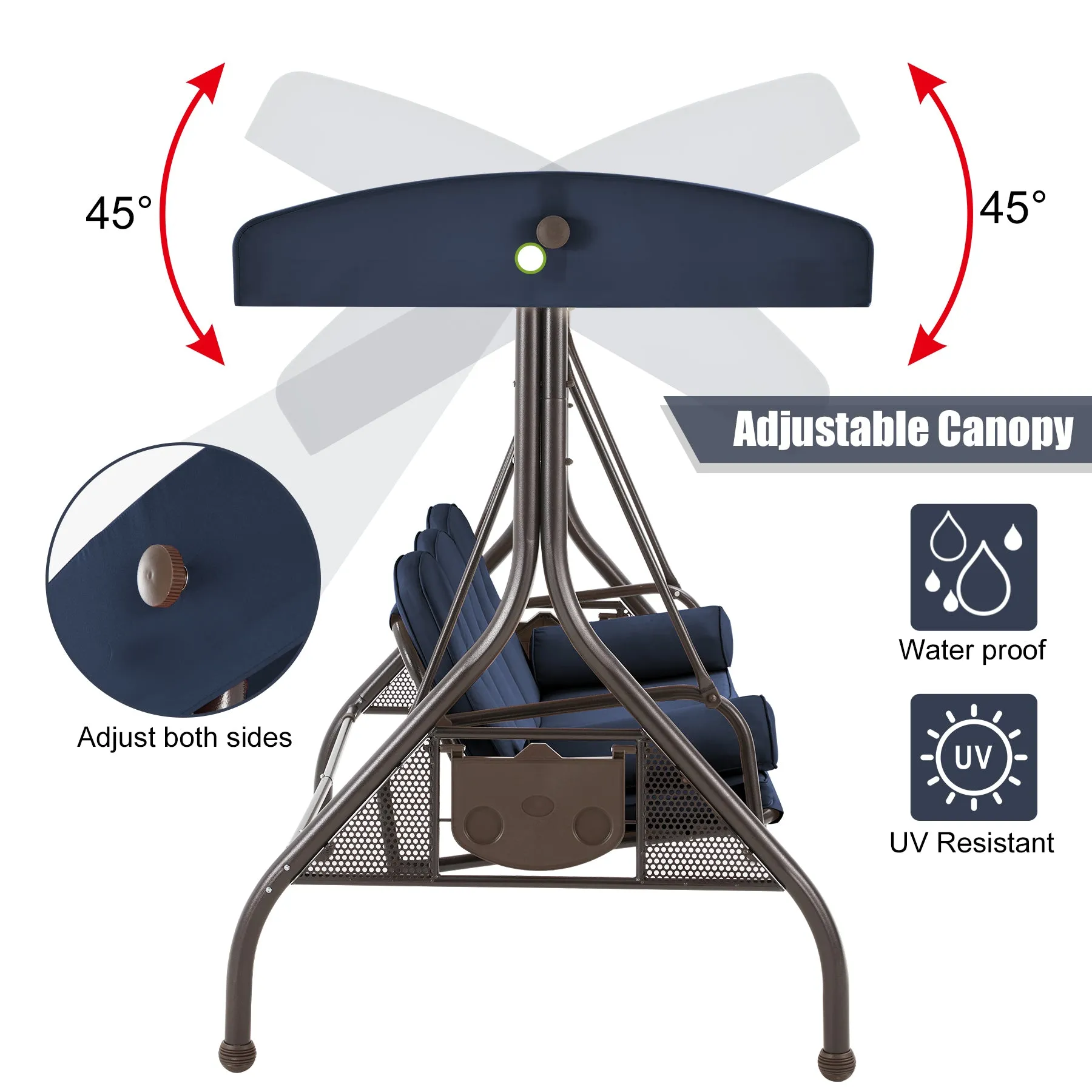 3-Seat Outdoor Porch Swing with Adjustable Canopy and Backrest,Blue