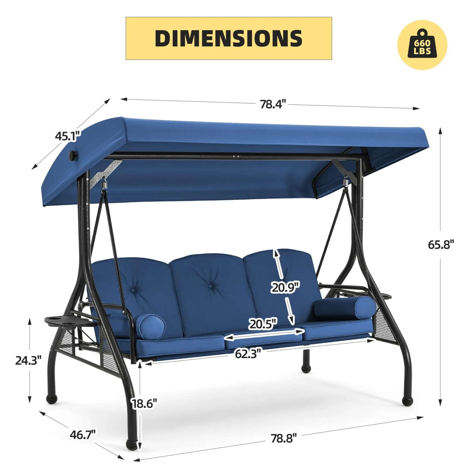 3-Seat Outdoor Porch Swing with Adjustable Canopy and Backrest,Blue