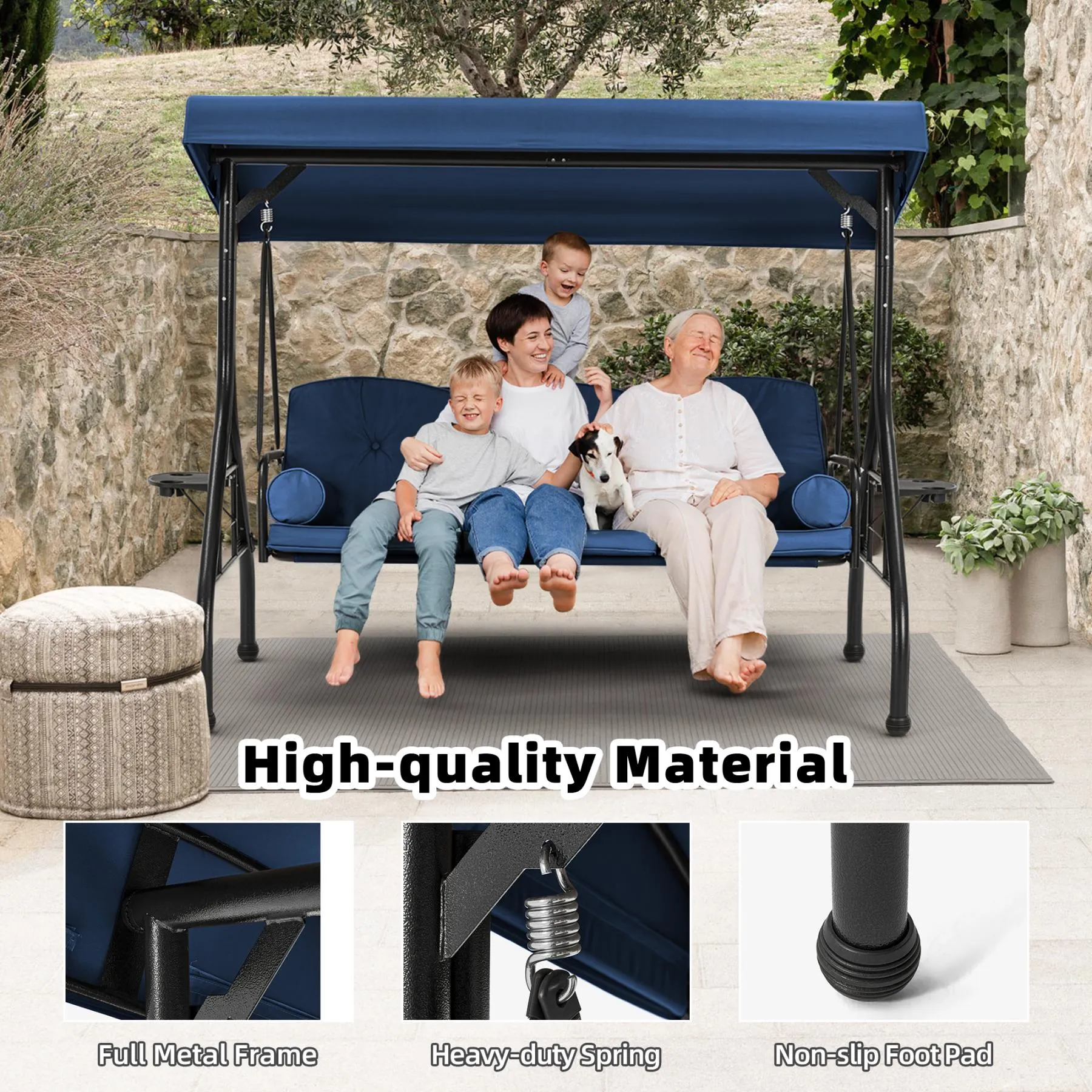 3-Seat Outdoor Porch Swing with Adjustable Canopy and Backrest,Blue