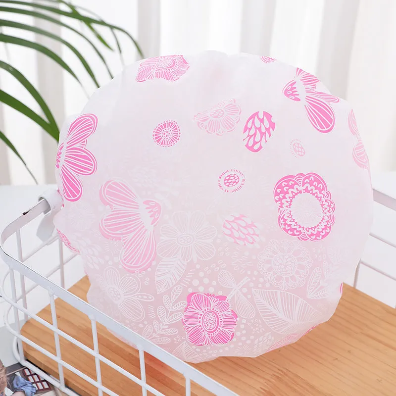 5 PCS Thickened Waterproof Shower Cap with Elegant Matte Print and Lace Trim, HG0023