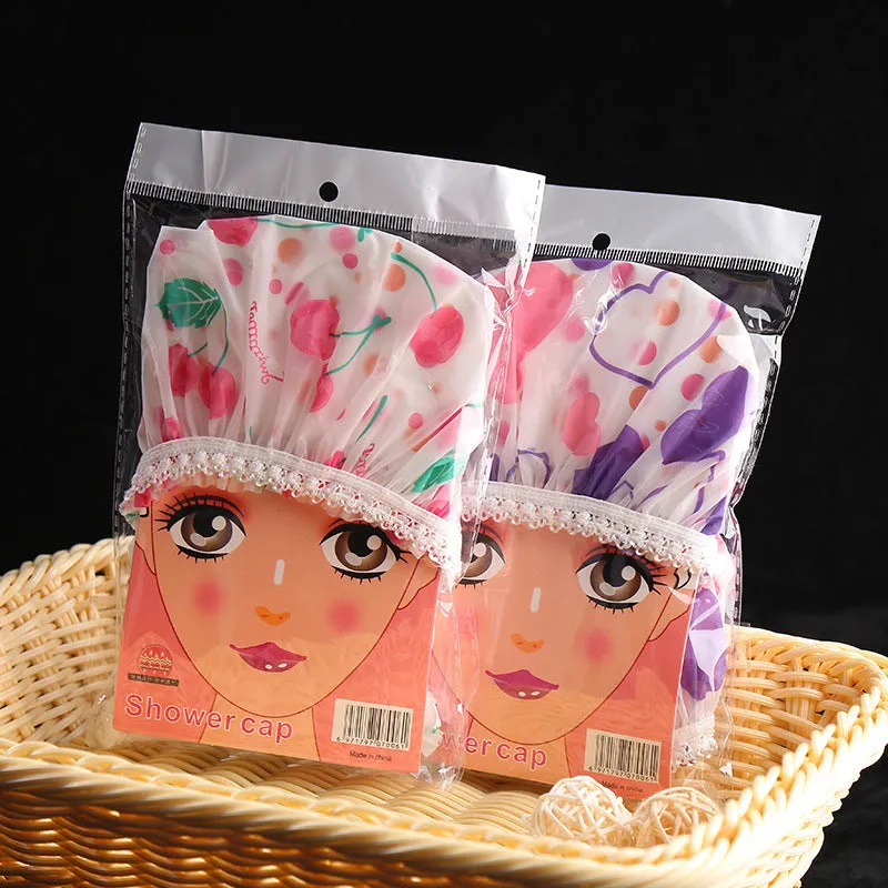 5 PCS Thickened Waterproof Shower Cap with Elegant Matte Print and Lace Trim, HG0023