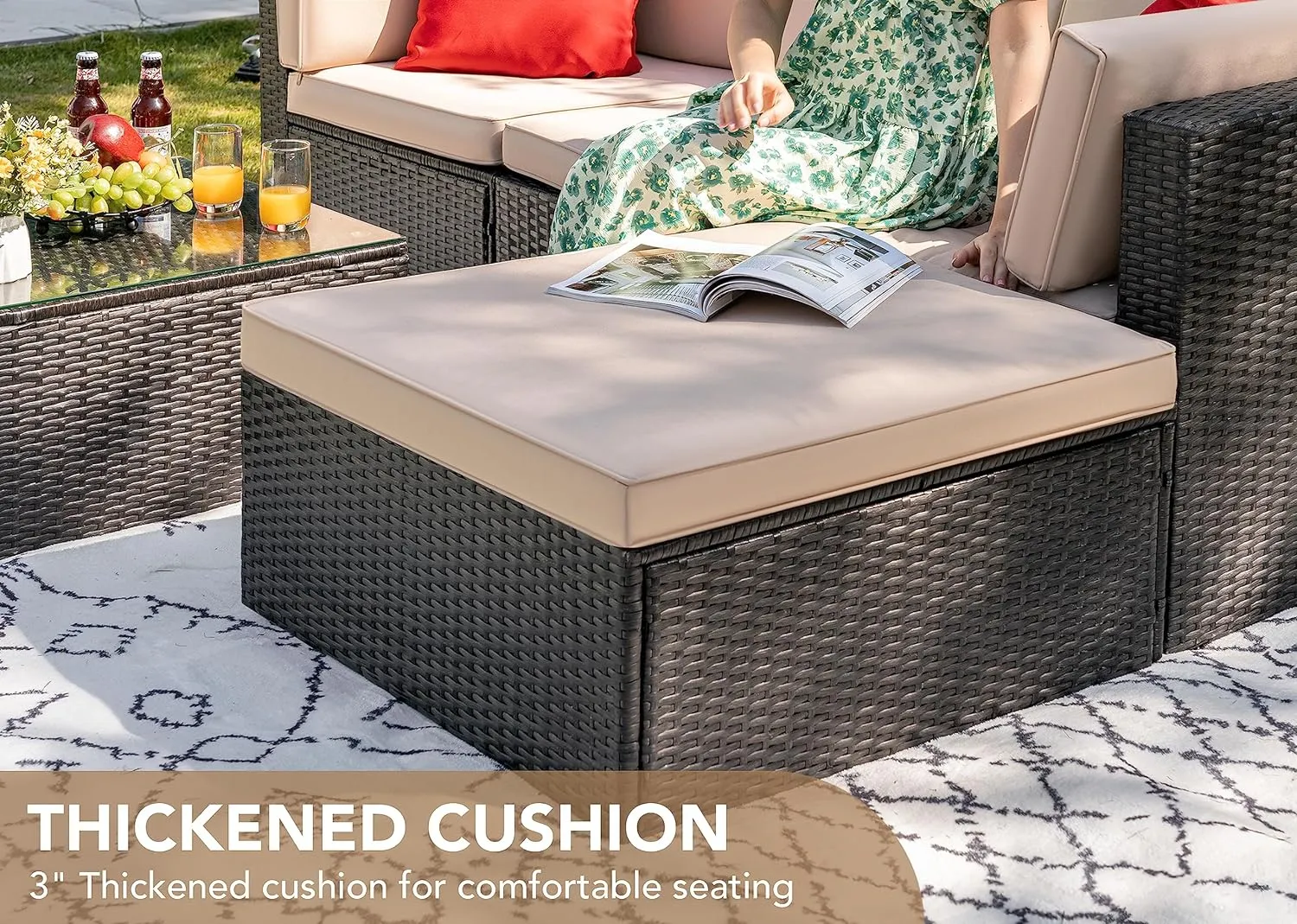 5 Pieces Patio Furniture Set, All Weather Outdoor Sectional Patio Sofa Manual Weaving Wicker Rattan Patio Seating Sofas with Cushion and Glass Table Beige