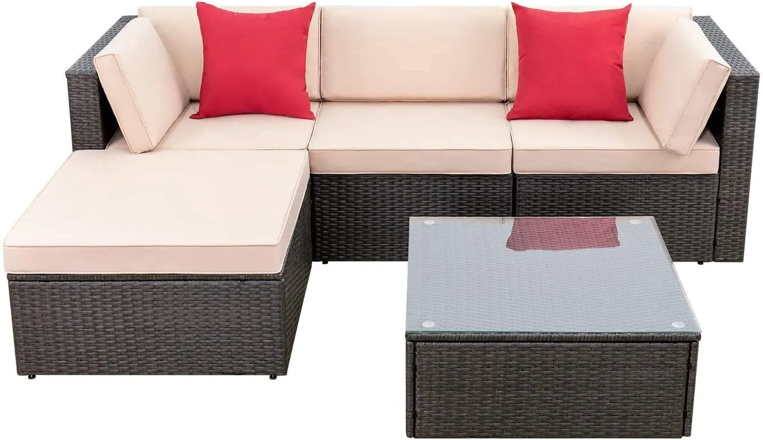 5 Pieces Patio Furniture Set, All Weather Outdoor Sectional Patio Sofa Manual Weaving Wicker Rattan Patio Seating Sofas with Cushion and Glass Table Beige