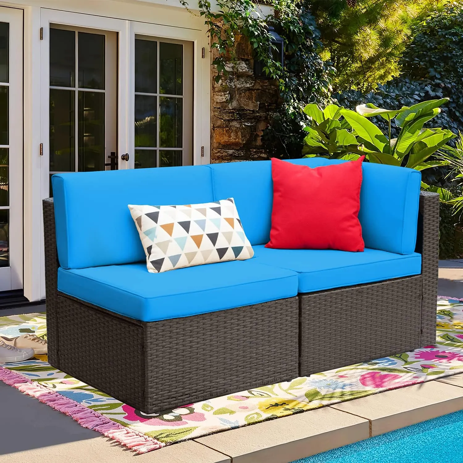 5 Pieces Patio Furniture Set, All Weather Outdoor Sectional Patio Sofa Manual Weaving Wicker Rattan Patio Seating Sofas with Cushion and Glass Table Beige