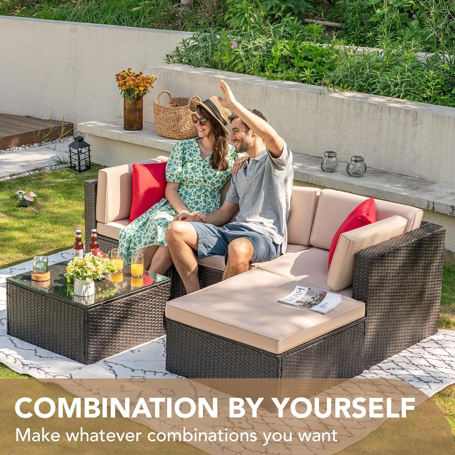 5 Pieces Patio Furniture Set, All Weather Outdoor Sectional Patio Sofa Manual Weaving Wicker Rattan Patio Seating Sofas with Cushion and Glass Table Beige