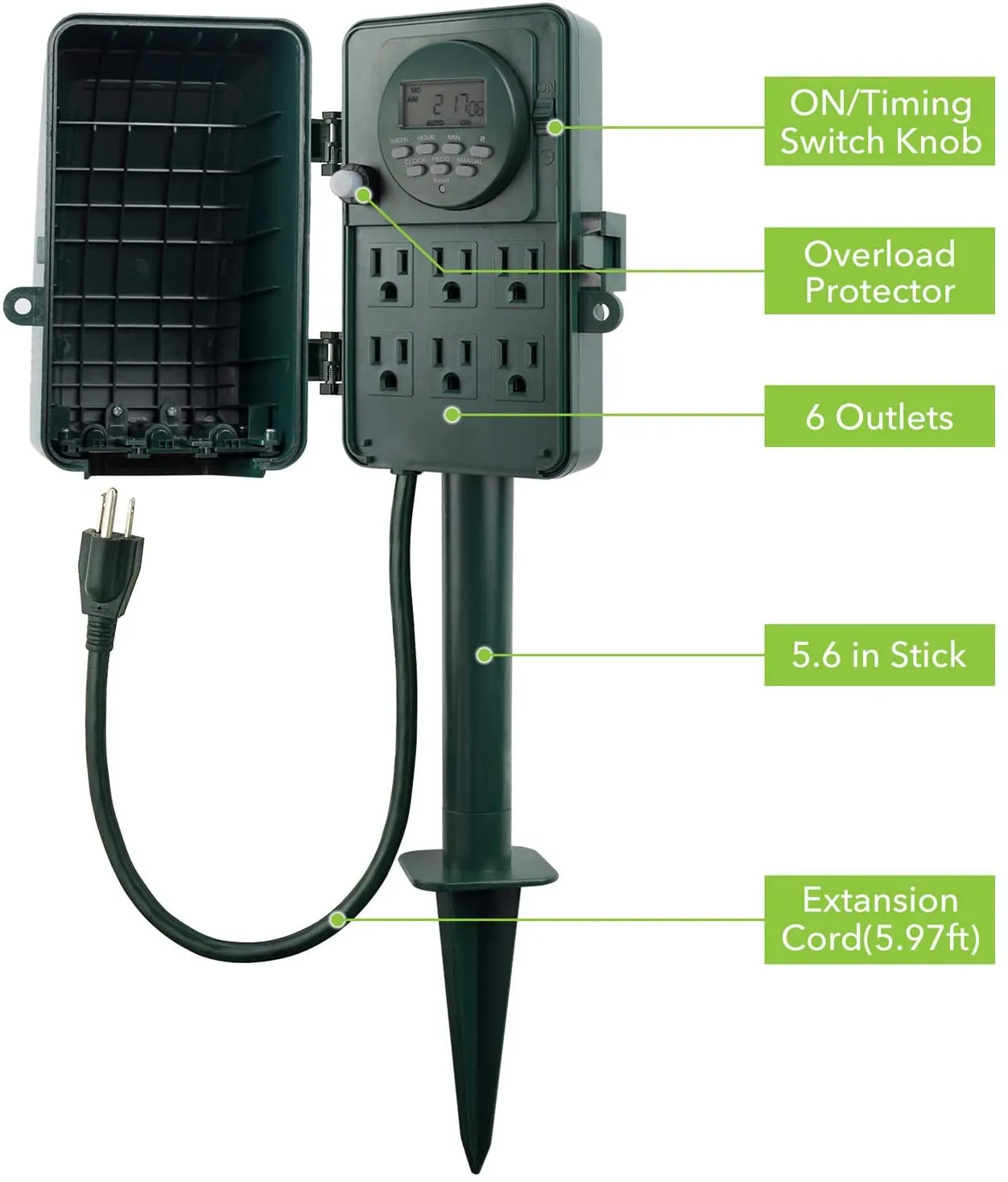 7 Day Heavy Duty Outdoor Digital Stake Timer 6 Outlets BN-LINK