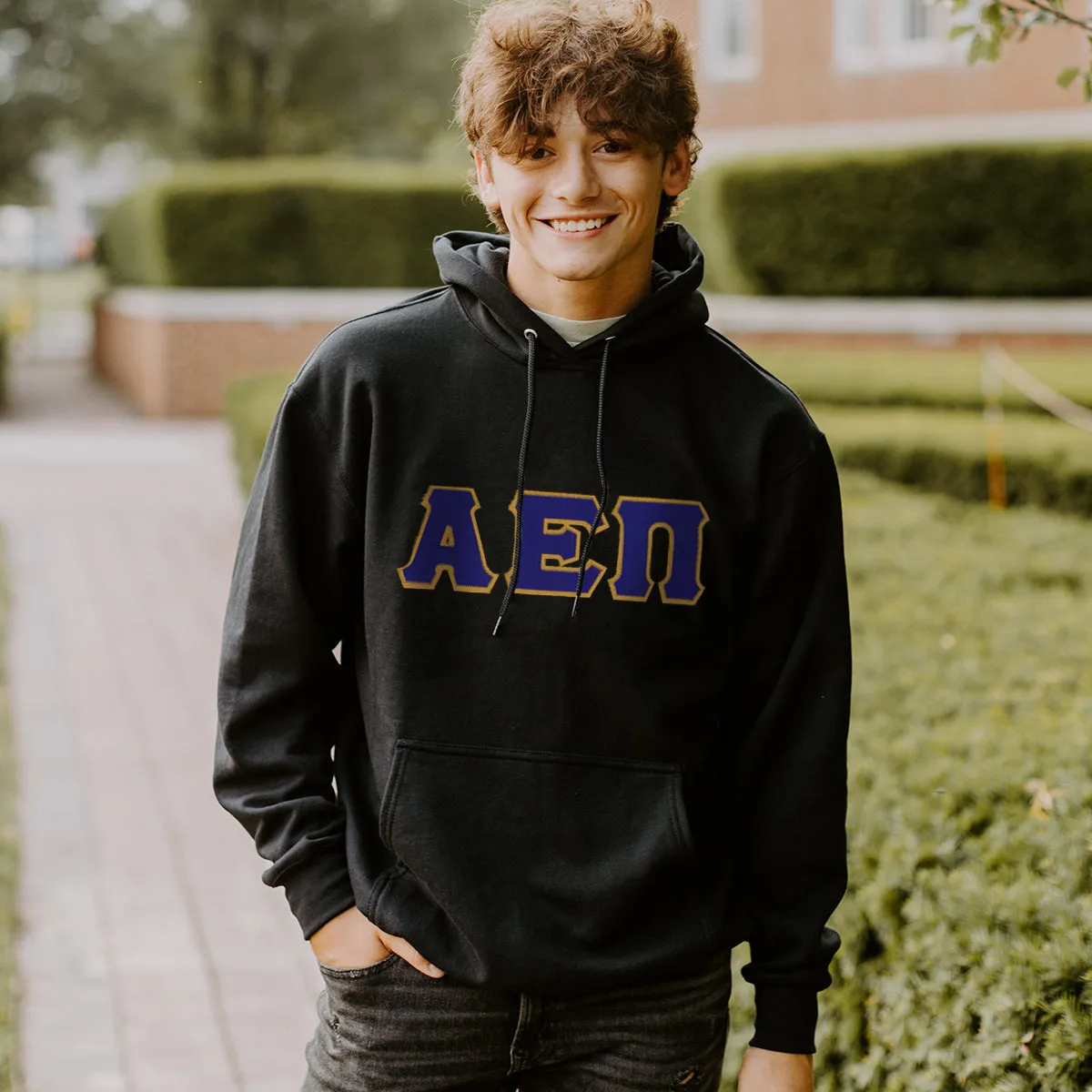 AEPi Black Hoodie with Sewn On Greek Letters