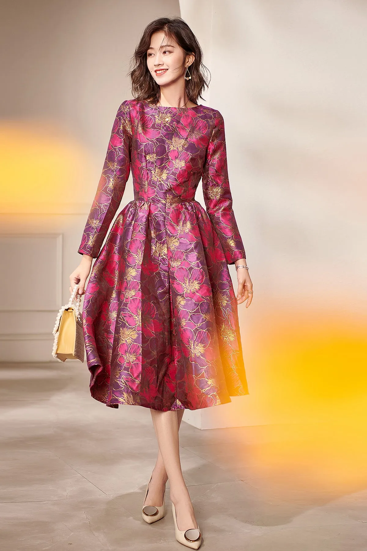 Autumn Long sleeve retro jacquard mid-length dress -Oli