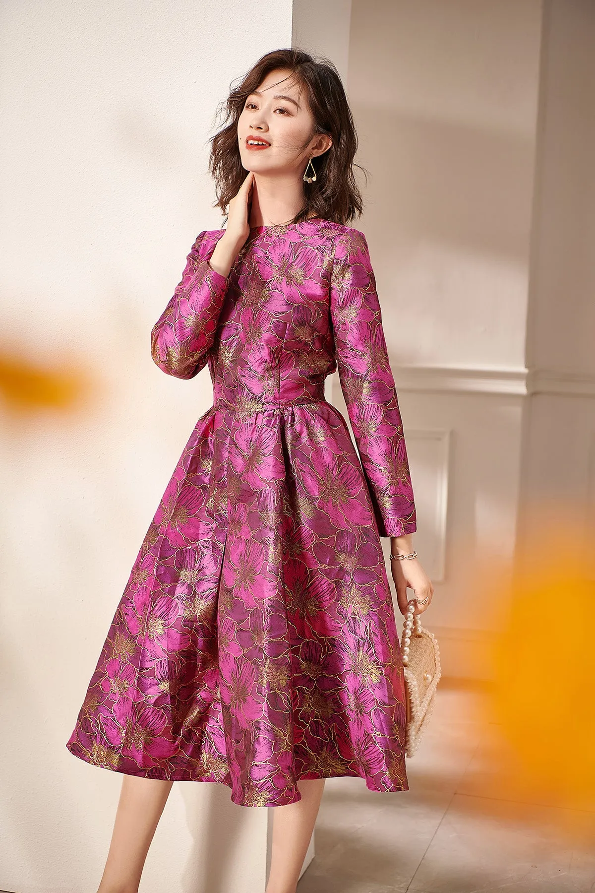 Autumn Long sleeve retro jacquard mid-length dress -Oli