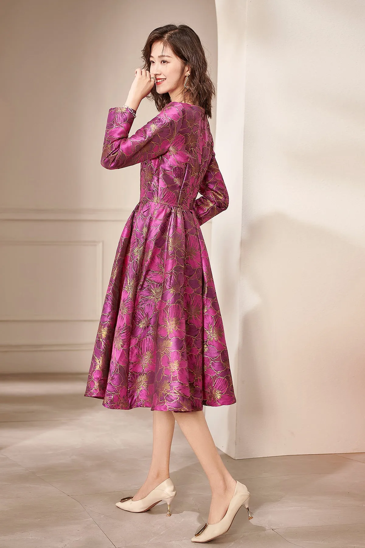 Autumn Long sleeve retro jacquard mid-length dress -Oli