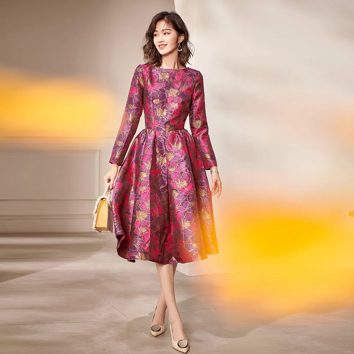 Autumn Long sleeve retro jacquard mid-length dress -Oli