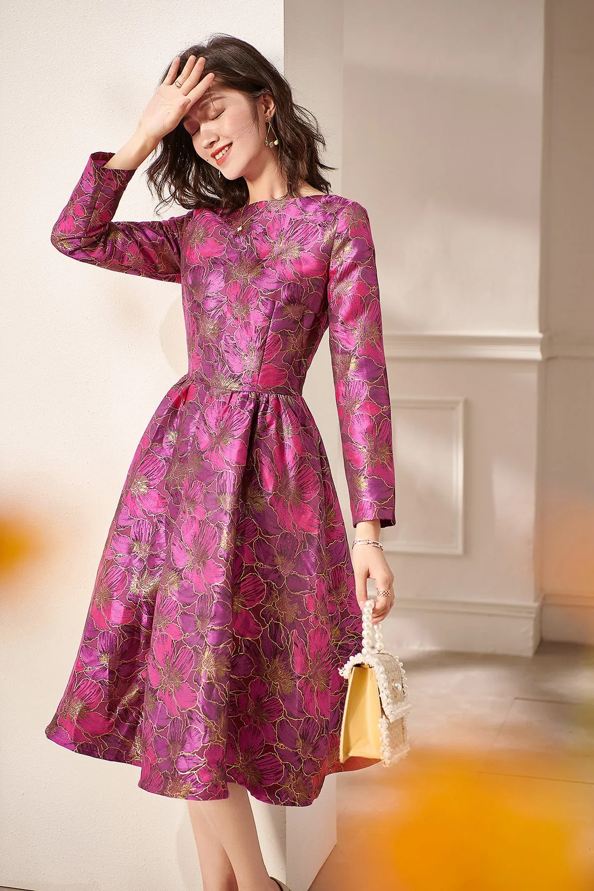 Autumn Long sleeve retro jacquard mid-length dress -Oli