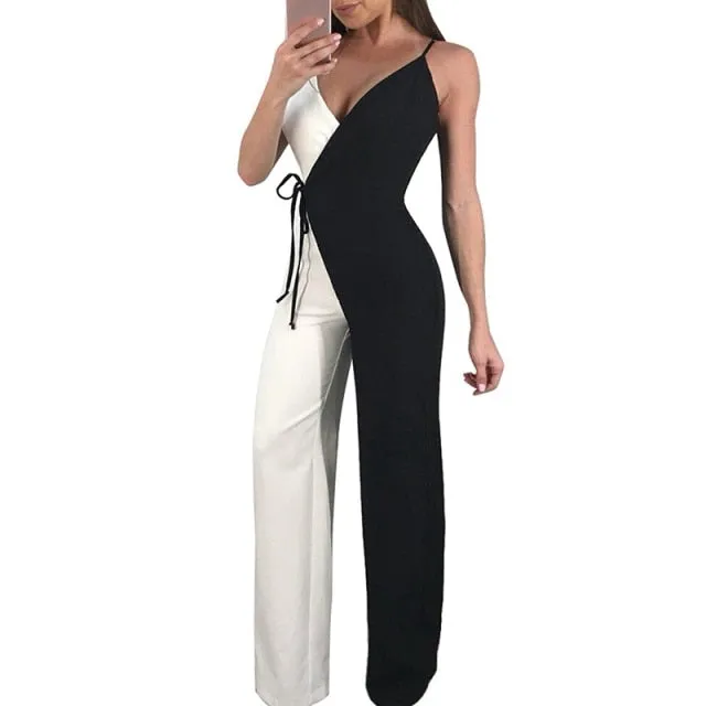 Autumn Women Long Jumpsuits Sleeveless Black White Patckwork OL Pants Polyester Sexy Ladies Loose Bodysuit ropa mujer Feminino