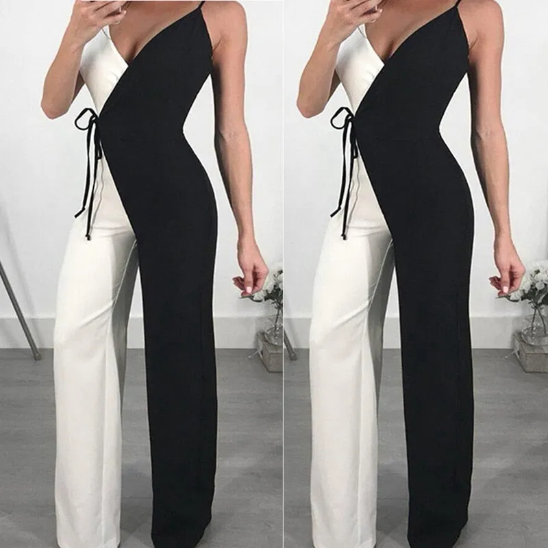 Autumn Women Long Jumpsuits Sleeveless Black White Patckwork OL Pants Polyester Sexy Ladies Loose Bodysuit ropa mujer Feminino