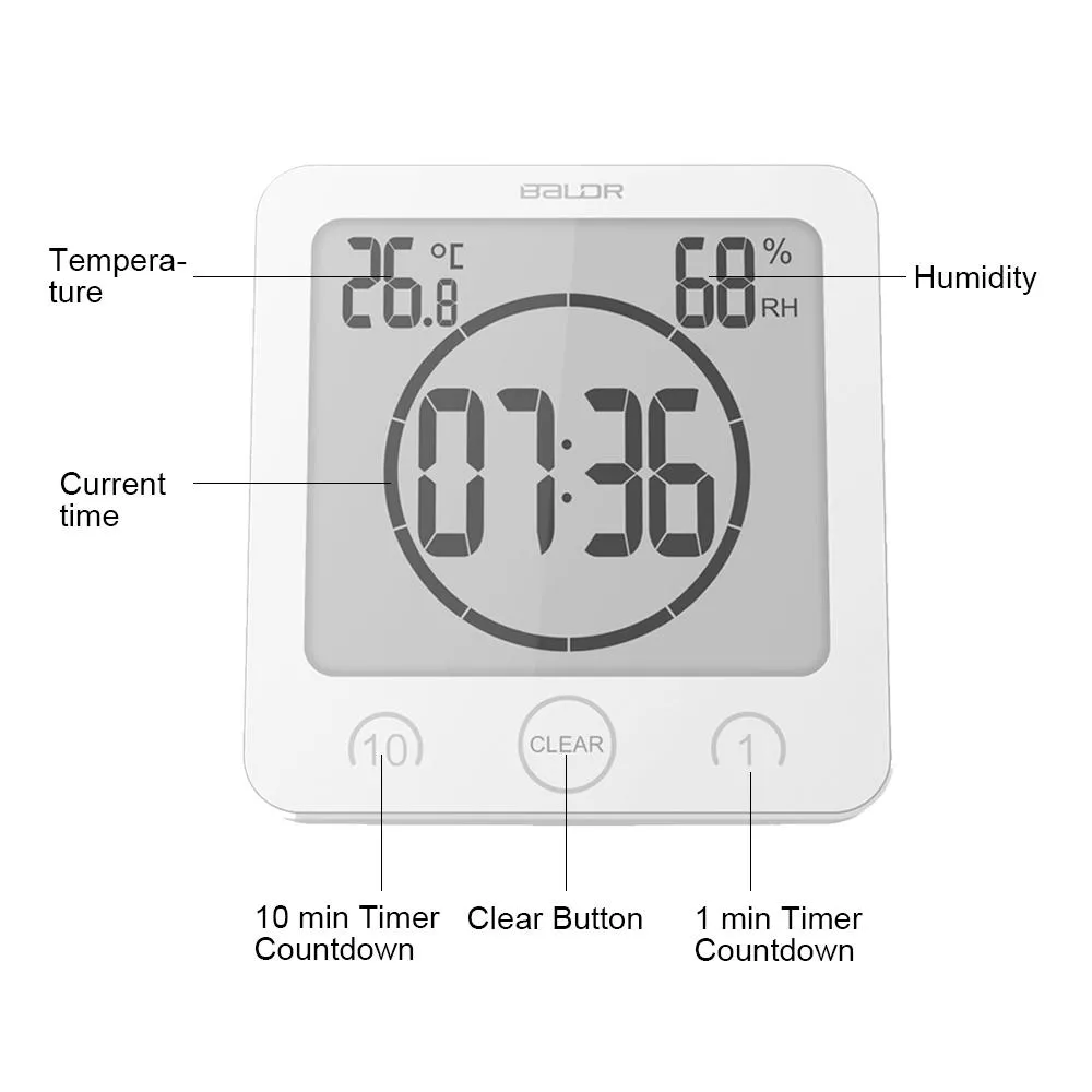 BALDR Waterproof Shower Clock w/ Timer (2 Packs) - Bathroom Clock Displays Time, Temperature & Indoor Humidity