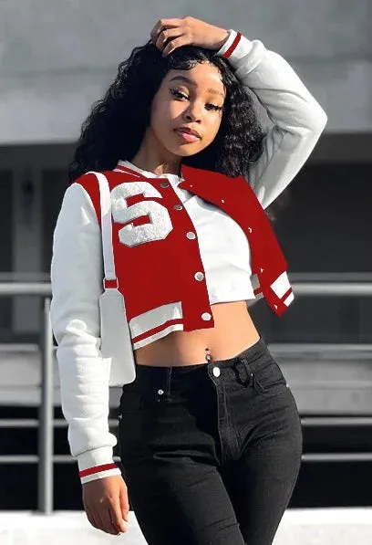 Baseball Jackets Women Letter Print Button Up V Neck Long Sleeve Red Bomber Jacket Coats Black Baseball Crop Top