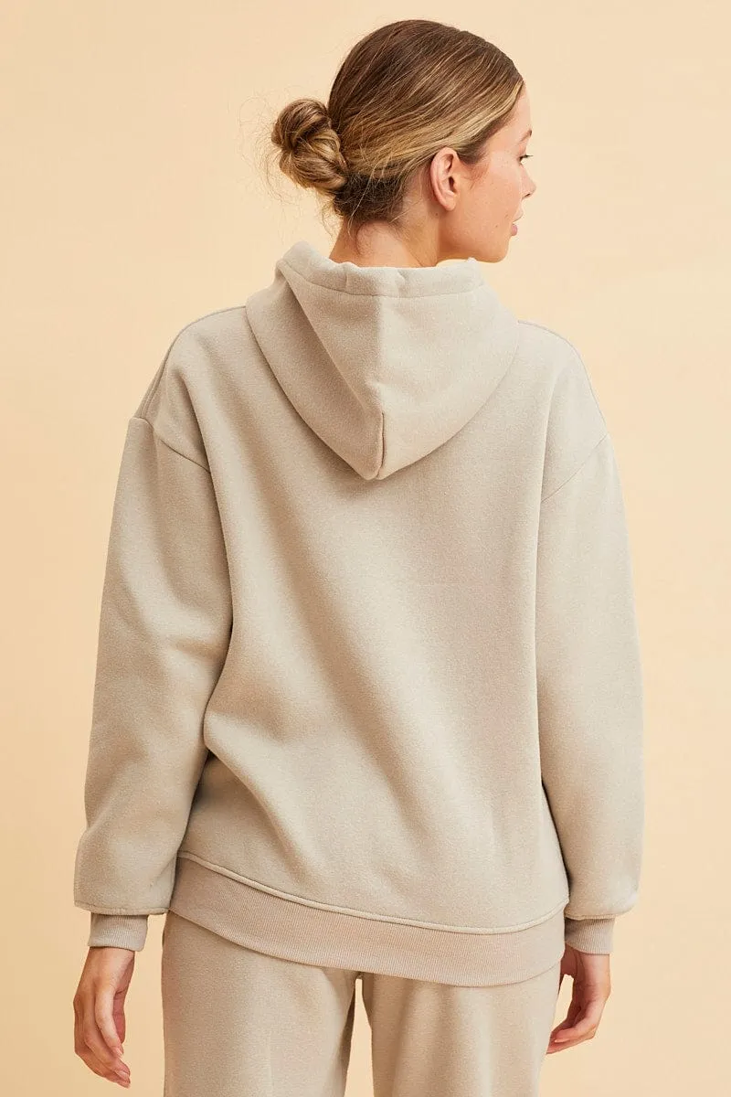 Beige Fleece Hoodie Long Sleeve Cotton