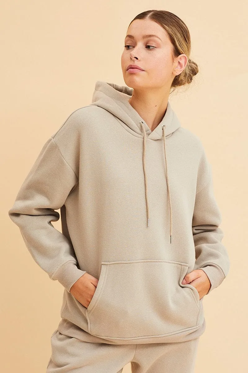 Beige Fleece Hoodie Long Sleeve Cotton