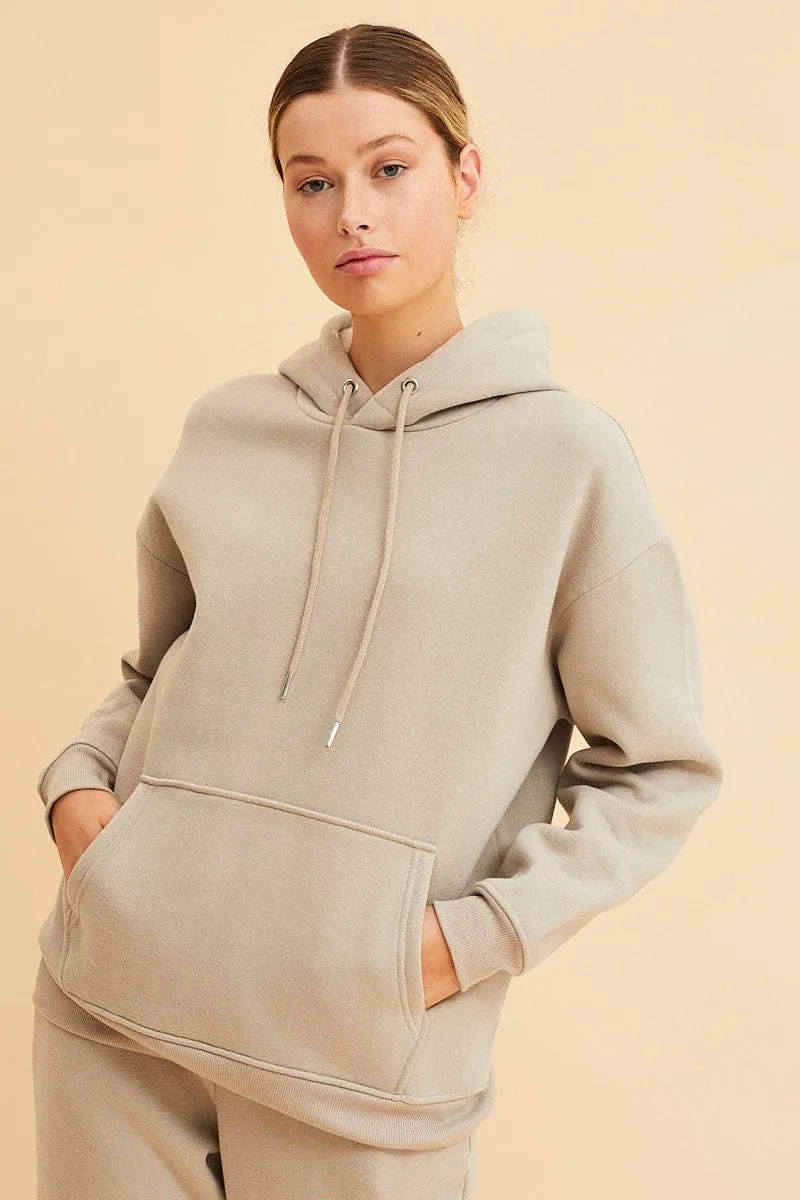 Beige Fleece Hoodie Long Sleeve Cotton