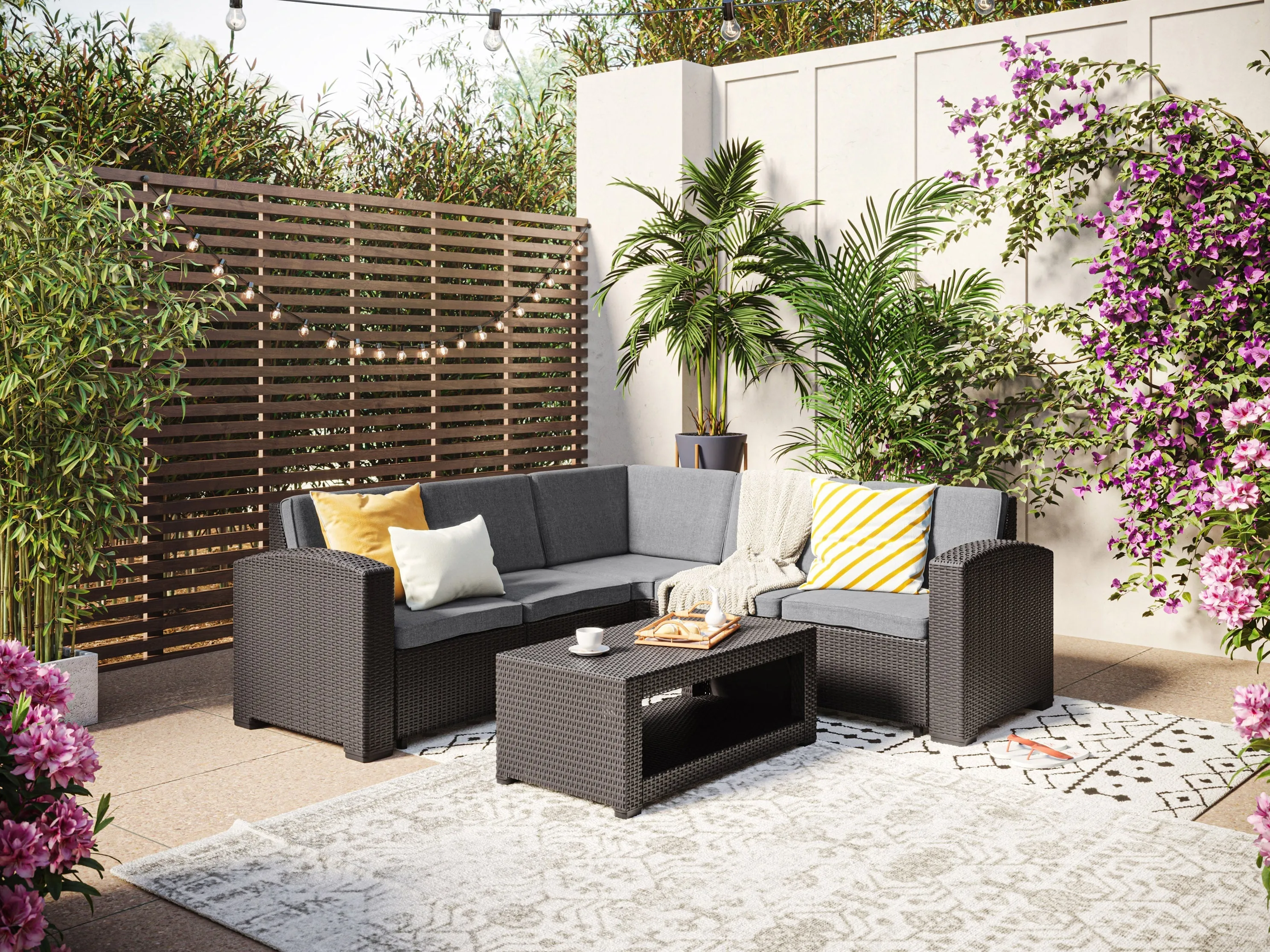 Black and Grey Outdoor Wicker Sectional Set, 6pc