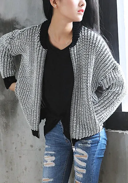 Black and White Knitted Baseball Jacket