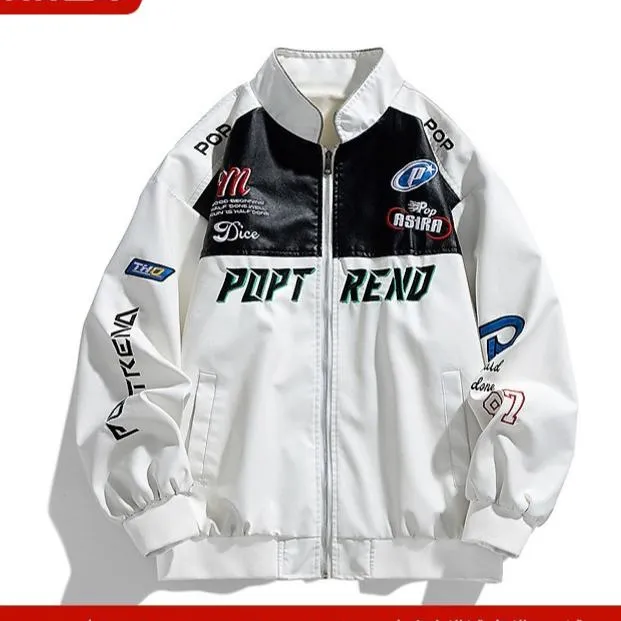 Black embroidered stand collar jacket men and women trendy loose motorcycle jacket