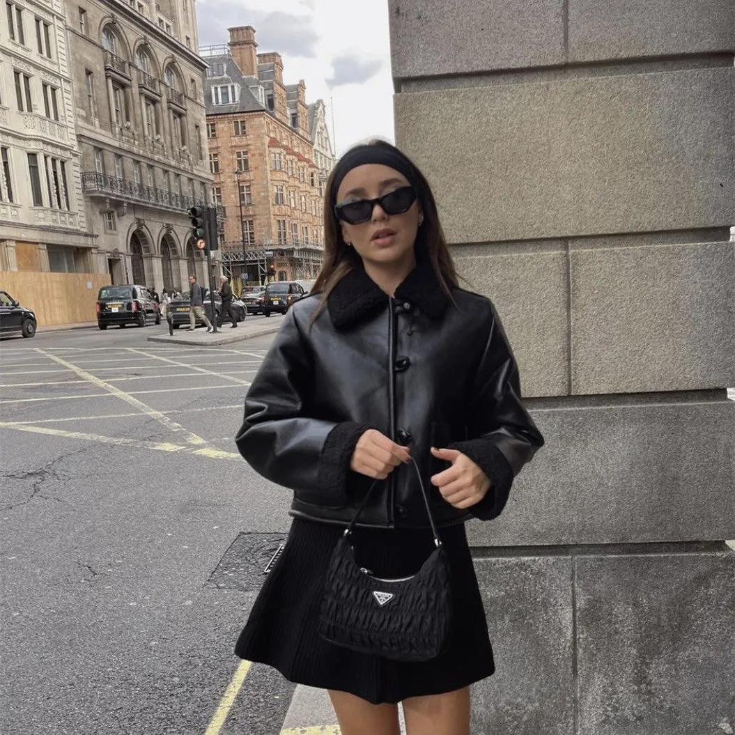 Black Leather Coat Jacket Short Plush High Fashion Winter Women