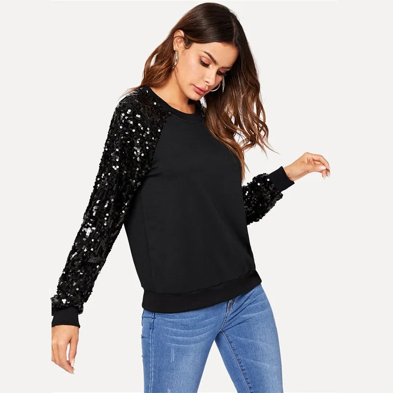 Black Solid Raglan Sleeve Sweatshirt