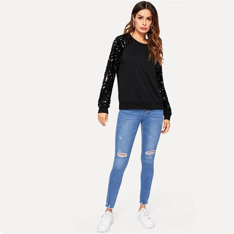 Black Solid Raglan Sleeve Sweatshirt