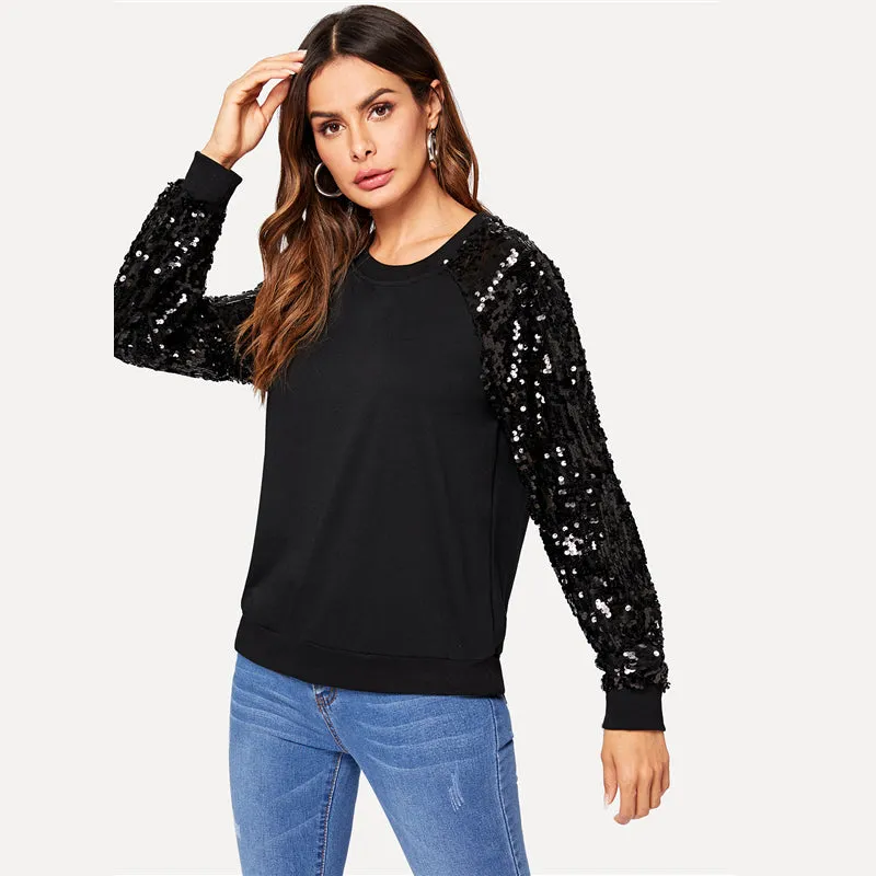 Black Solid Raglan Sleeve Sweatshirt