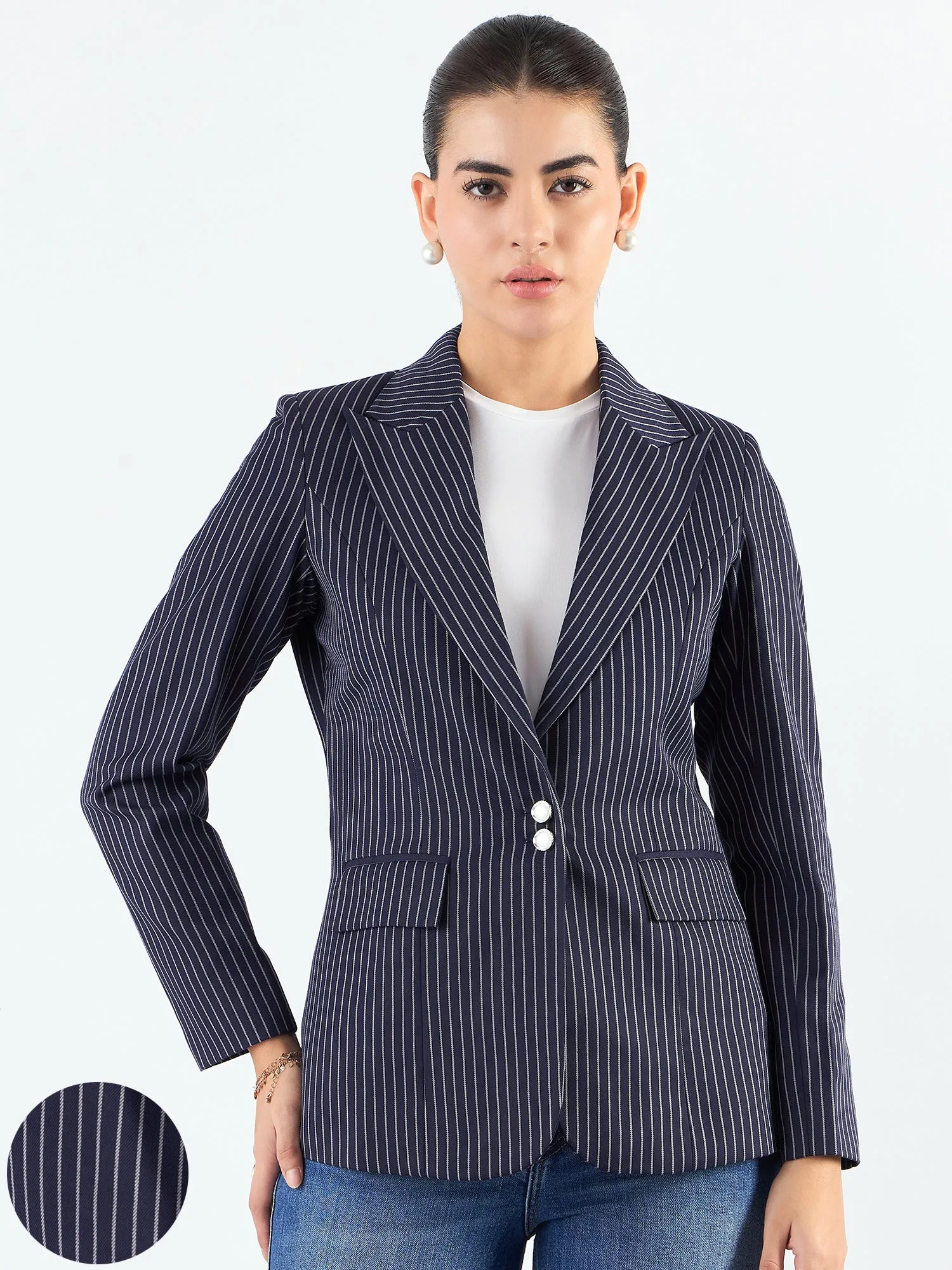 Blue-Striped Structured Blazer With Notched Lapel