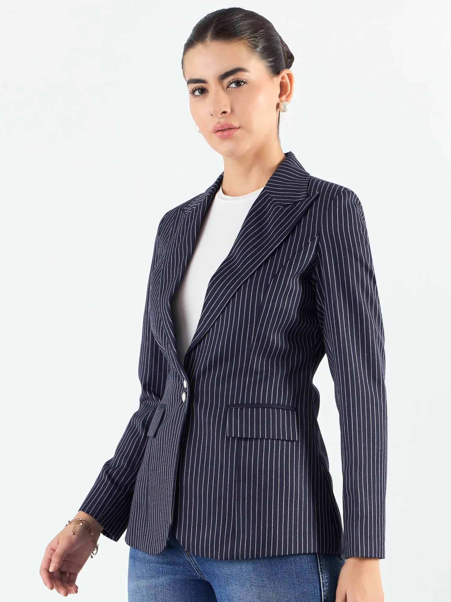 Blue-Striped Structured Blazer With Notched Lapel