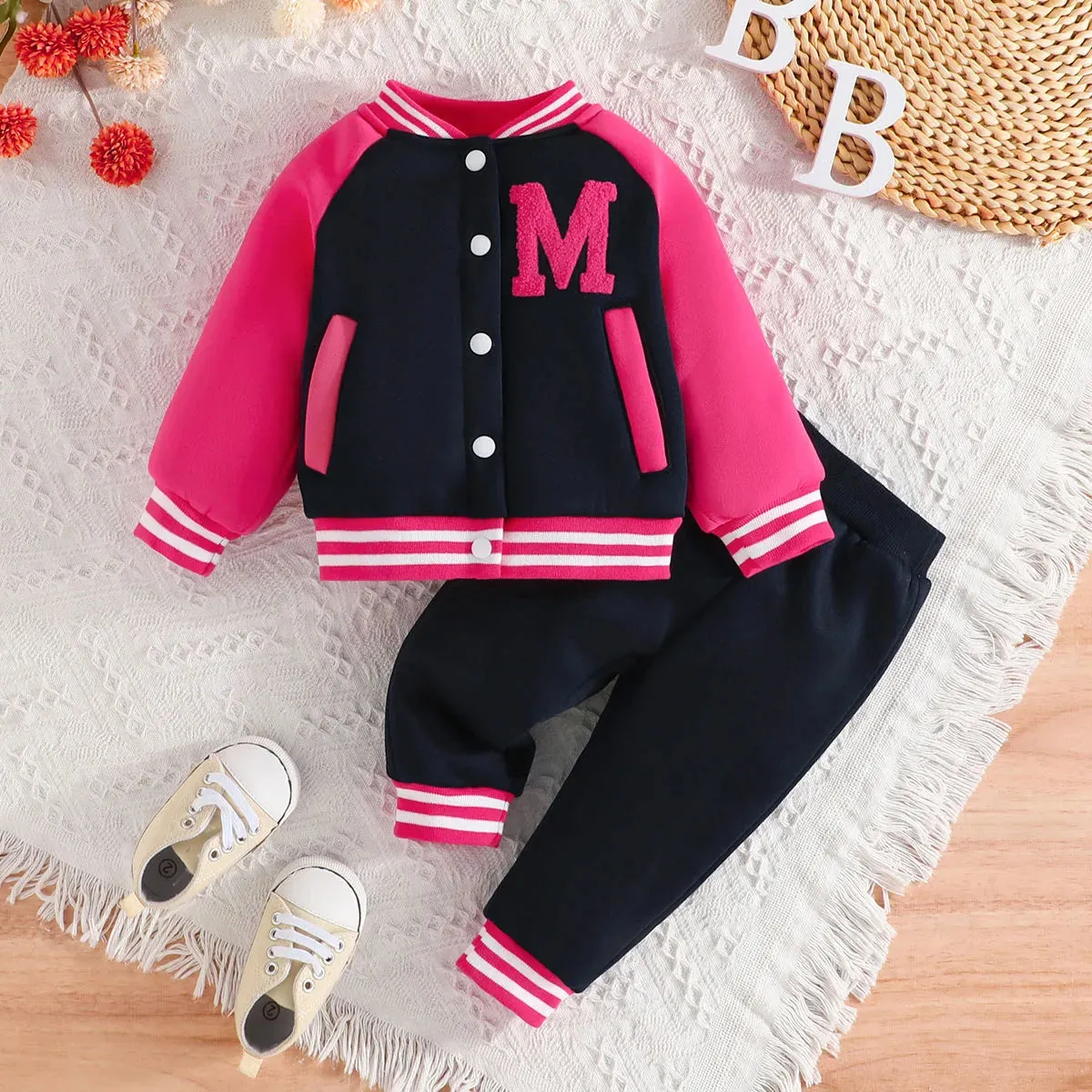 Clothing Set For Kid Girl 6 Months-3 Years old Pink Baseball Uniform Button jacket Long Sleeve Coat and Pants Outfit For Baby