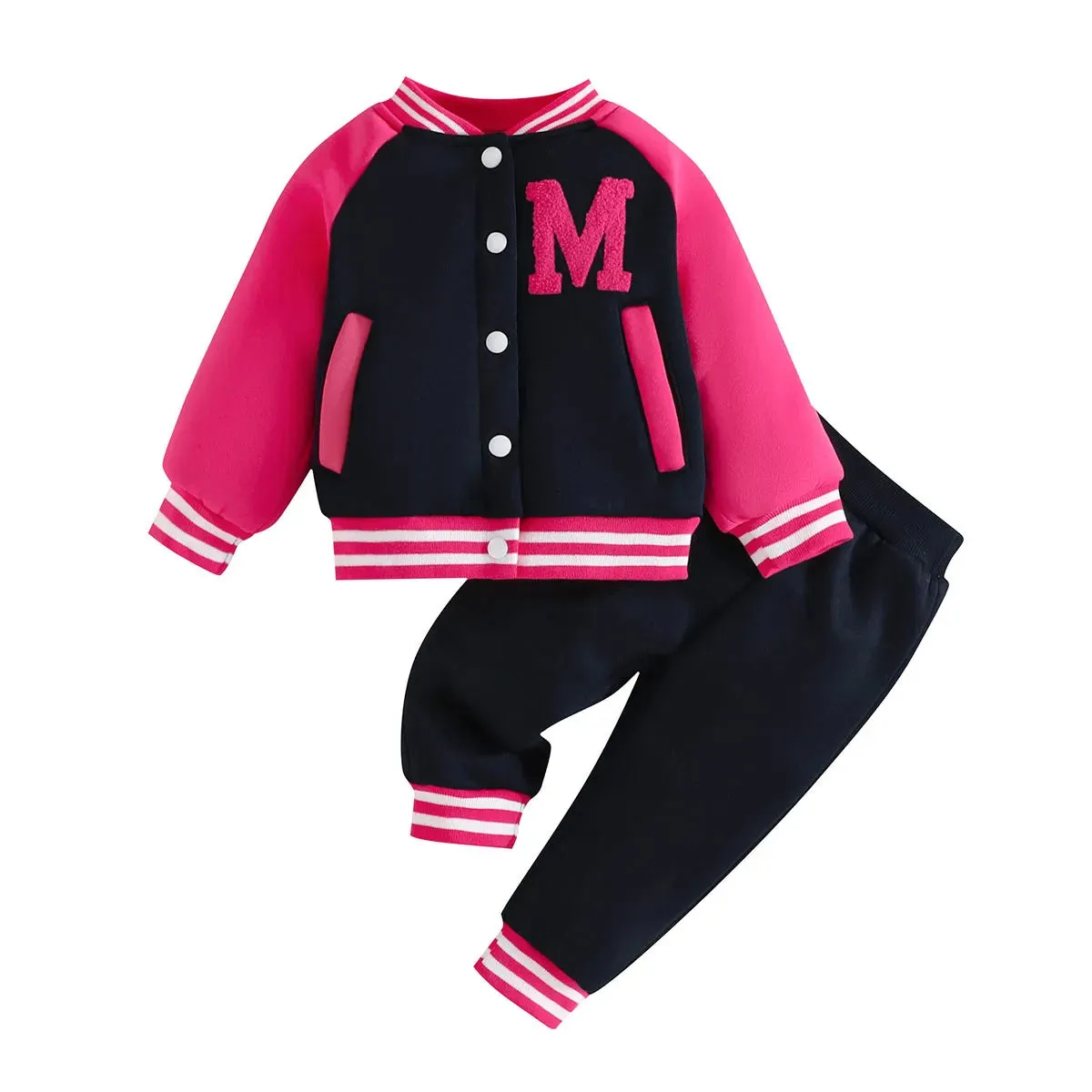 Clothing Set For Kid Girl 6 Months-3 Years old Pink Baseball Uniform Button jacket Long Sleeve Coat and Pants Outfit For Baby