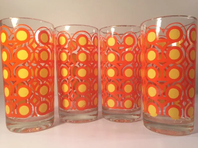 Colony Frolic Groovy Retro Orange & Yellow Circle Glasses (Set of 4)