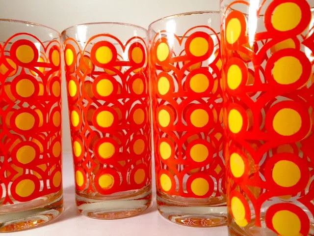 Colony Frolic Groovy Retro Orange & Yellow Circle Glasses (Set of 4)