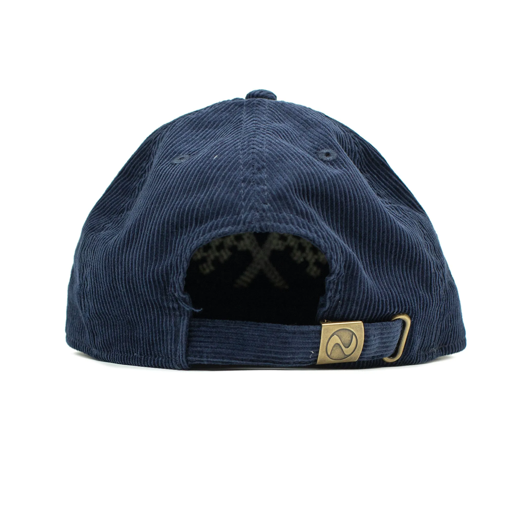 Corduroy cap in navy with racing flag chainstitched embroidery