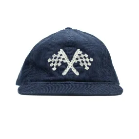 Corduroy cap in navy with racing flag chainstitched embroidery