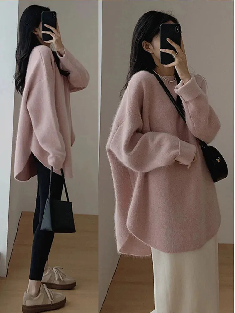 deanwangkt Casual Loose Knit Pullover Women Solid O-neck Fluffy Sweater Female Autum Warm Soft Fashion Long Sleeve Lady Knitwear