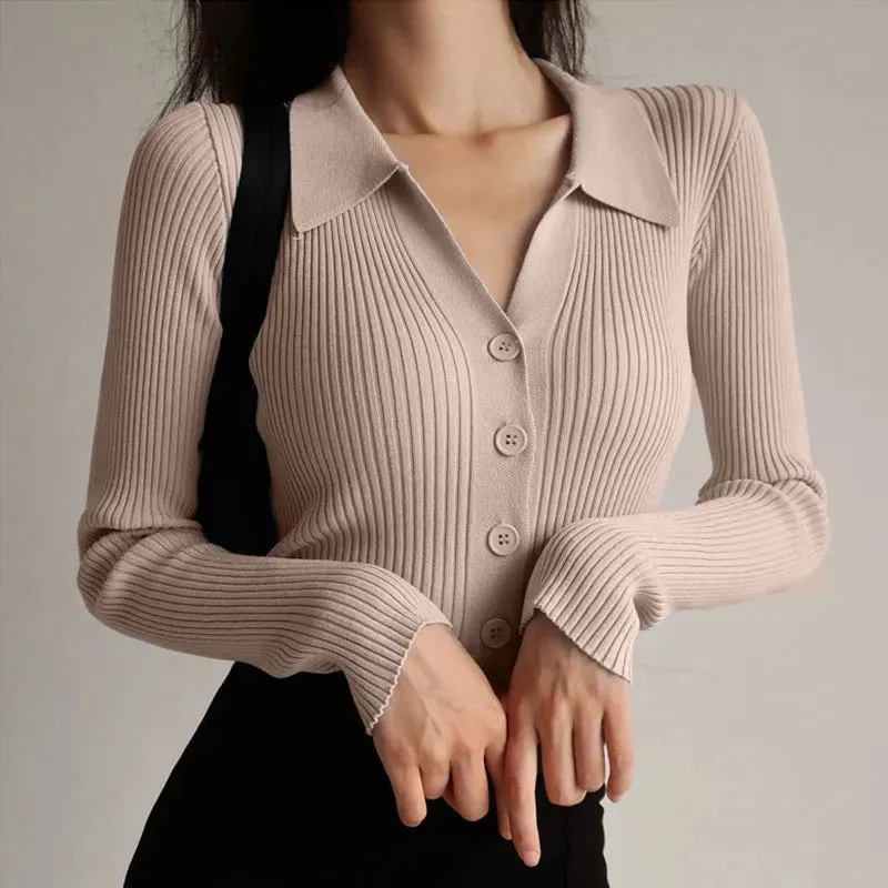 deanwangkt Ladies Buttons Sexy V Neck Long Sleeve POLO Neck Knit Cardigan Sweater Women Lapel Slim Tops