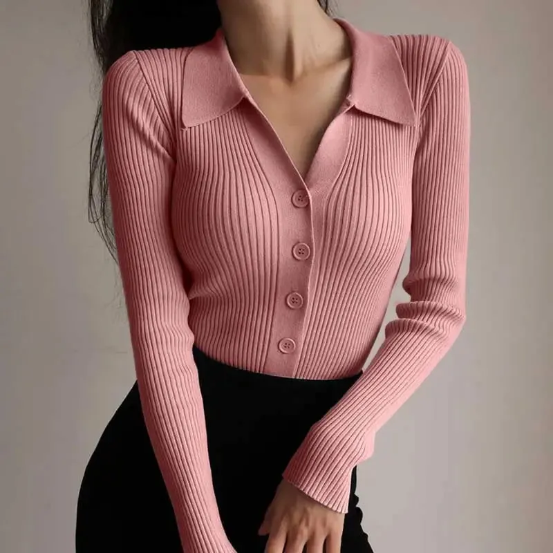 deanwangkt Ladies Buttons Sexy V Neck Long Sleeve POLO Neck Knit Cardigan Sweater Women Lapel Slim Tops