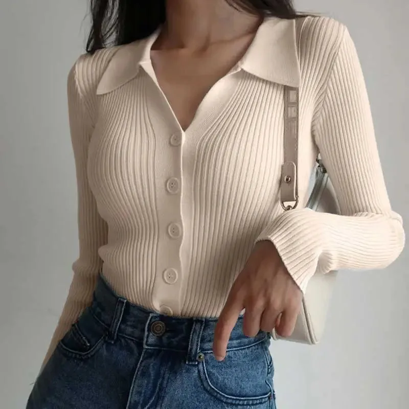 deanwangkt Ladies Buttons Sexy V Neck Long Sleeve POLO Neck Knit Cardigan Sweater Women Lapel Slim Tops