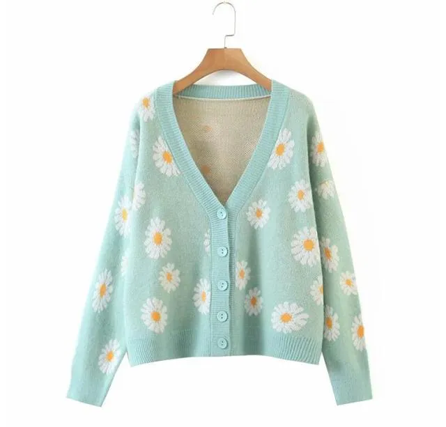 deanwangkt Sweet Button Down Sweater Cardigan Women Loose Knit Coat Autumn Spring Casual Lady Long Sleeve V Neck Floral Outerwear Sweater