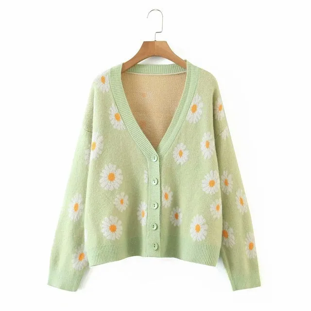 deanwangkt Sweet Button Down Sweater Cardigan Women Loose Knit Coat Autumn Spring Casual Lady Long Sleeve V Neck Floral Outerwear Sweater