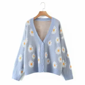 deanwangkt Sweet Button Down Sweater Cardigan Women Loose Knit Coat Autumn Spring Casual Lady Long Sleeve V Neck Floral Outerwear Sweater