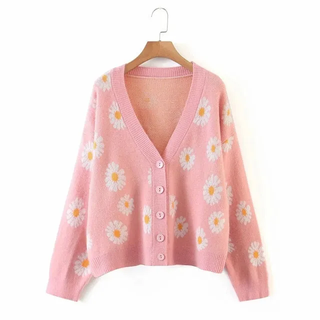 deanwangkt Sweet Button Down Sweater Cardigan Women Loose Knit Coat Autumn Spring Casual Lady Long Sleeve V Neck Floral Outerwear Sweater