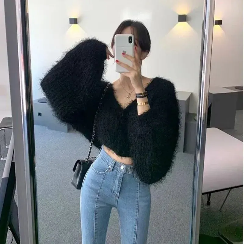 deanwangkt Women Yellow Mink Cashmere Knitted Cardigan V-neck Velvet Mohair Sweater Coat Long-sleeved Wild Plush Single-breasted Crop Tops